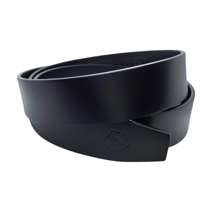Black smooth leather belt strap, 1.38 inch, signature detail view