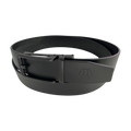 Black smooth leather ratchet belt with black frame buckle, buckle detail close-up