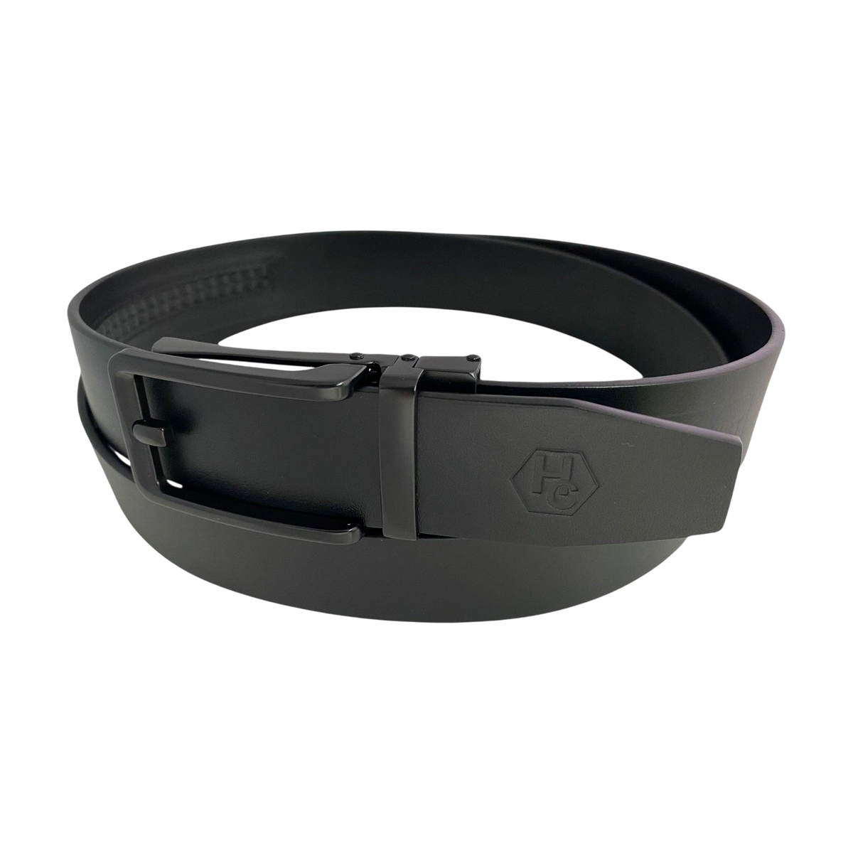 Black smooth leather ratchet belt with black frame buckle, buckle detail close-up