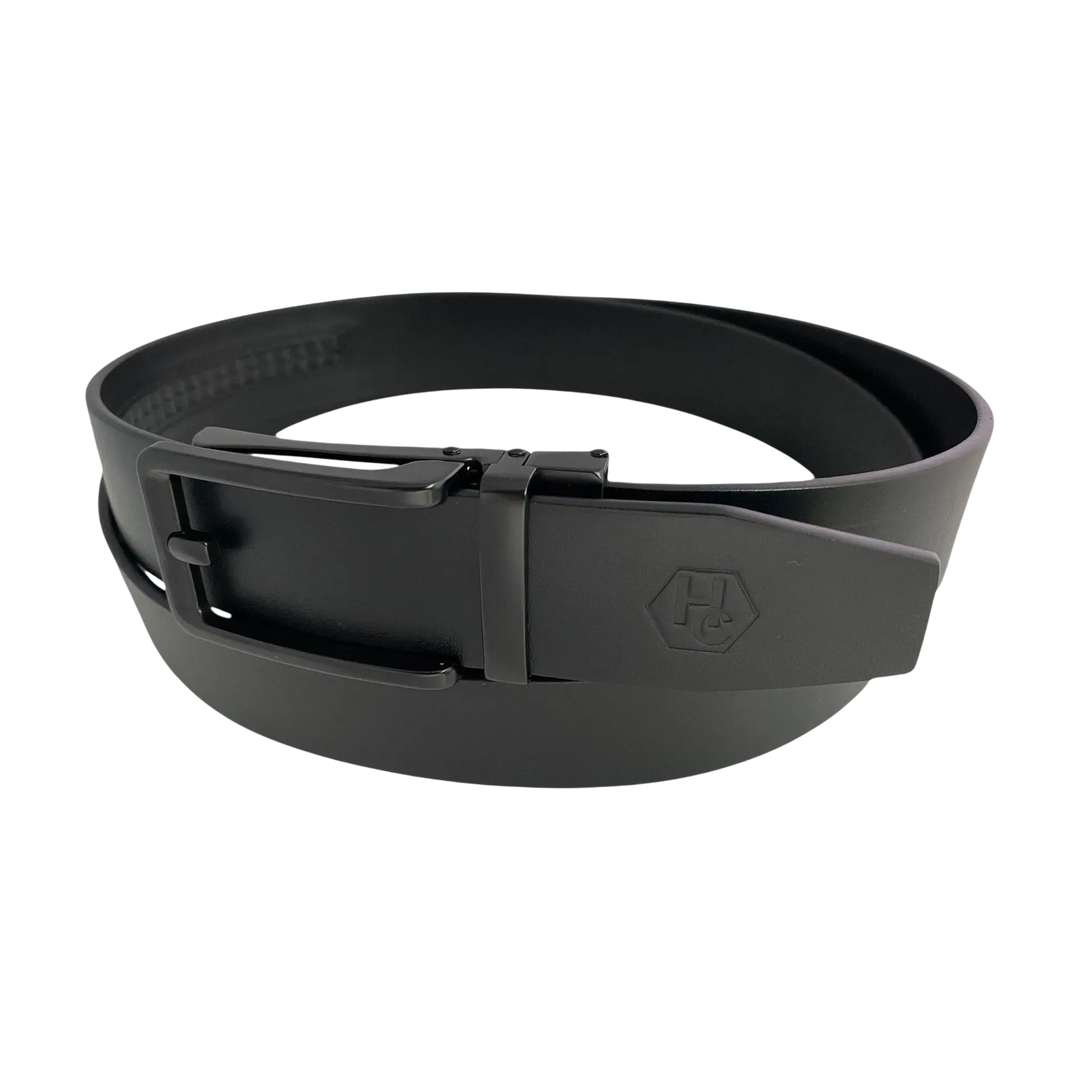 Black smooth leather ratchet belt with black frame buckle, buckle detail close-up