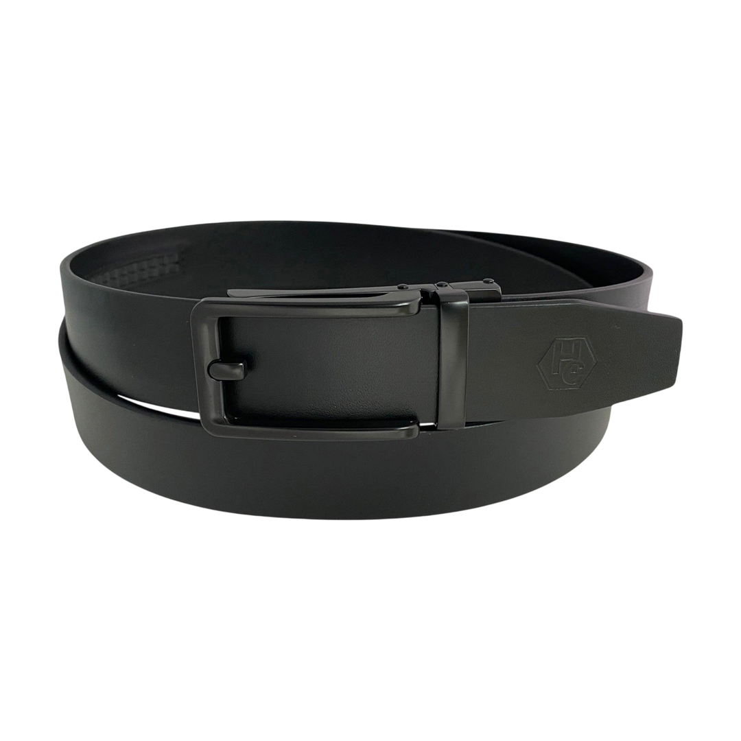 Black smooth leather ratchet belt with black frame buckle, front view