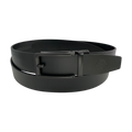 Black smooth leather ratchet belt with black frame buckle, front view