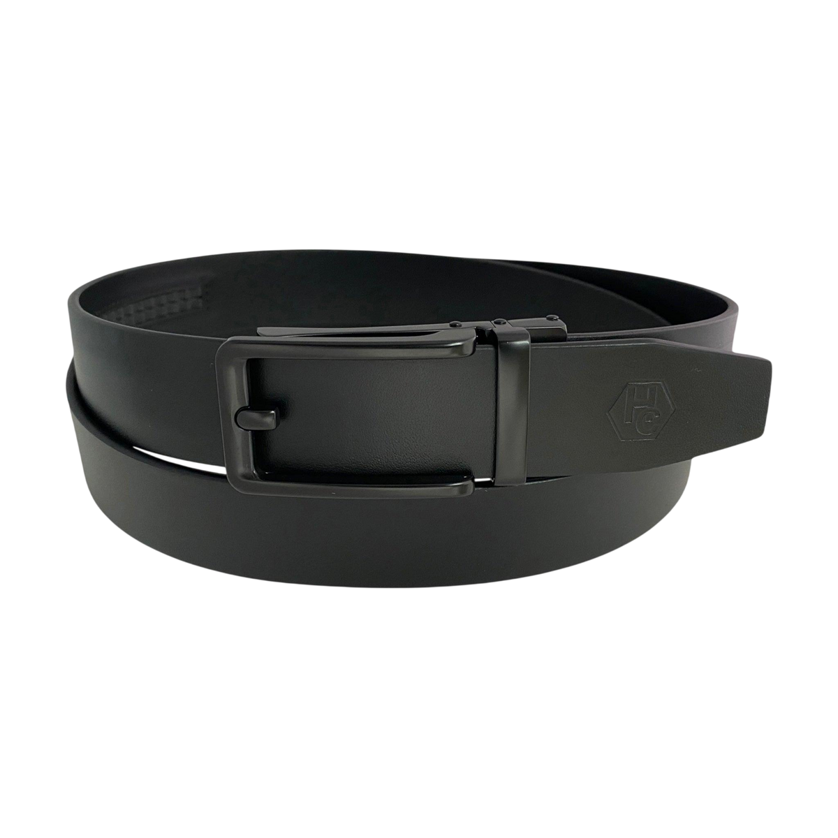 Black smooth leather ratchet belt with black frame buckle, front view