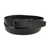 Black smooth leather ratchet belt with black frame buckle, front view