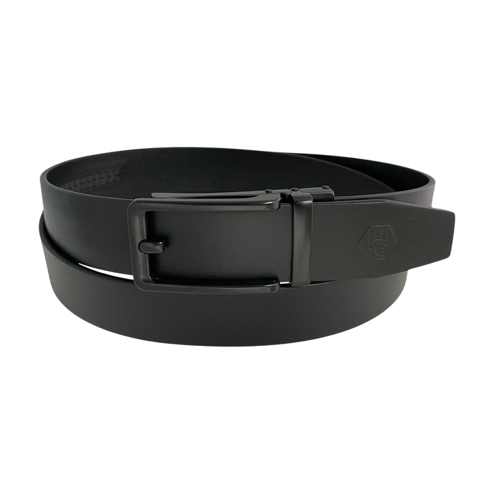 Black smooth leather ratchet belt with black frame buckle, front view