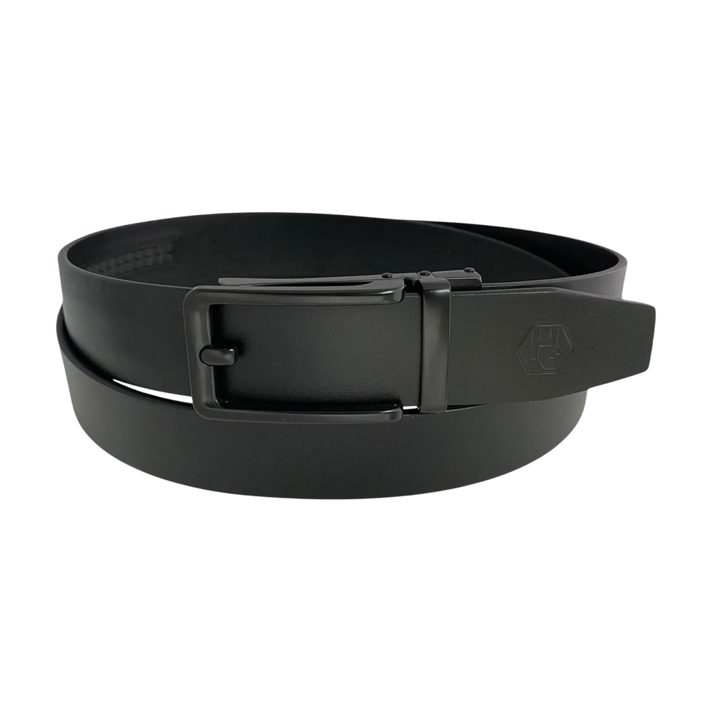 Black smooth leather ratchet belt with black frame buckle, front view