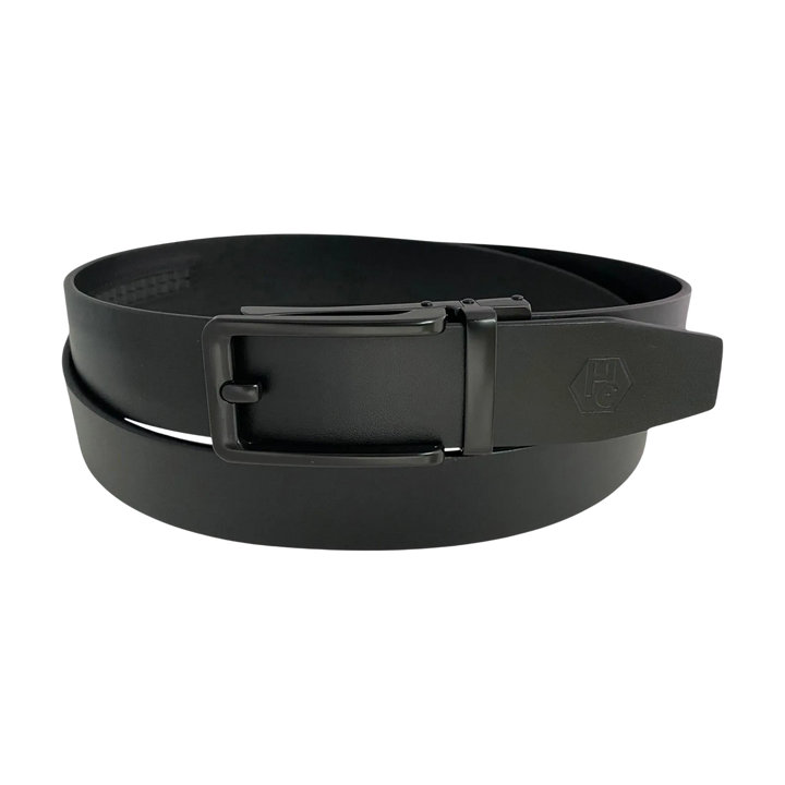Black smooth leather ratchet belt with black frame buckle, front view