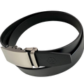 Black smooth leather ratchet belt with long gunmetal rectangle buckle, buckle detail close-up