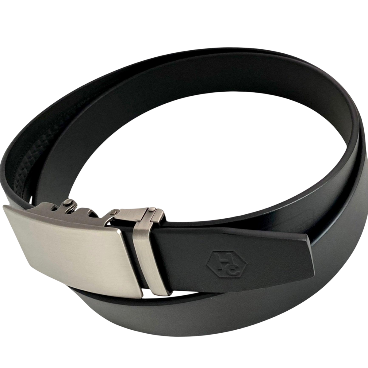Black smooth leather ratchet belt with long gunmetal rectangle buckle, buckle detail close-up