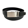 Black smooth leather ratchet belt with long gunmetal rectangle buckle, front view