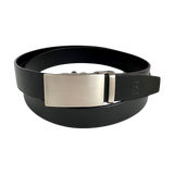 Black smooth leather ratchet belt with long gunmetal rectangle buckle, front view