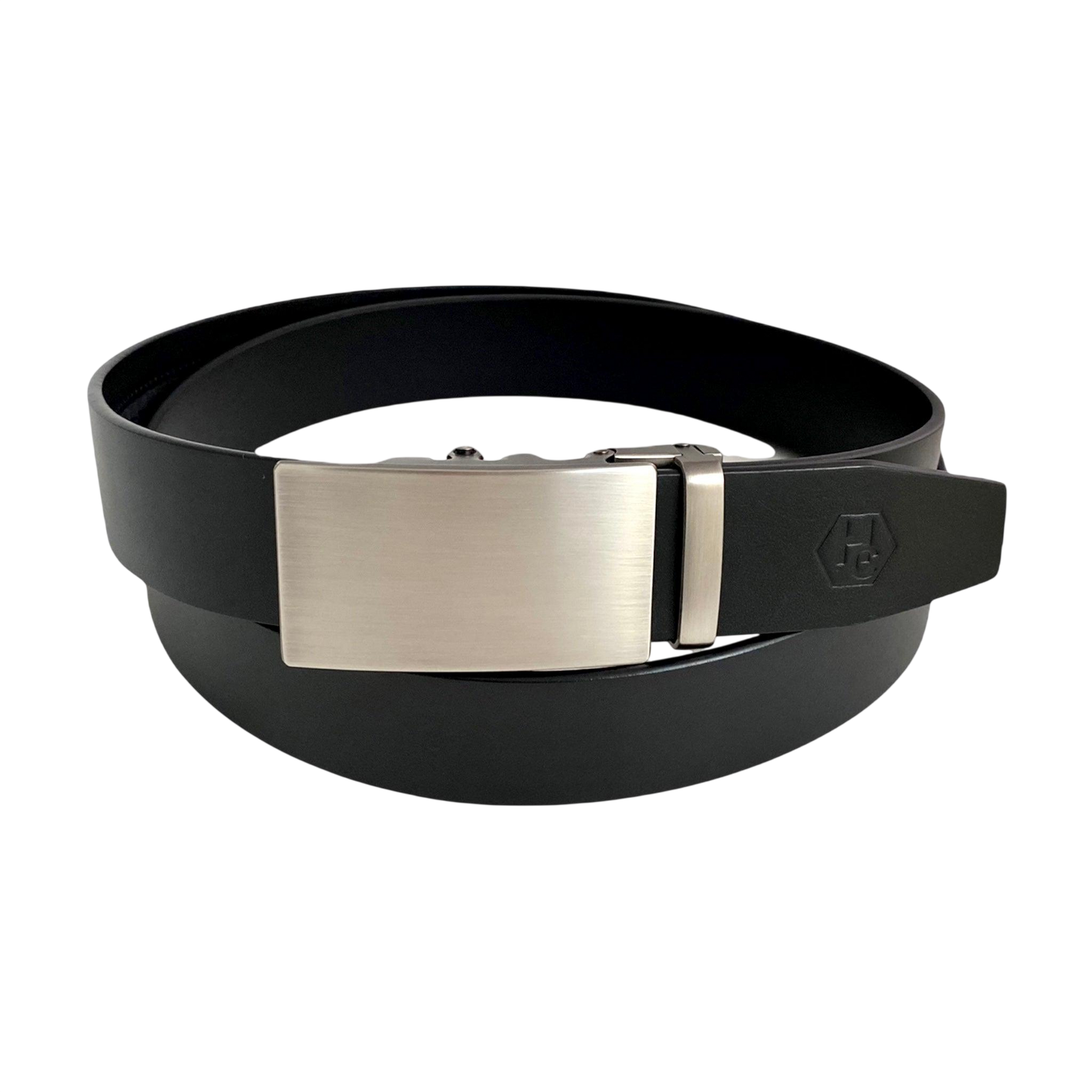 Black smooth leather ratchet belt with long gunmetal rectangle buckle, front view