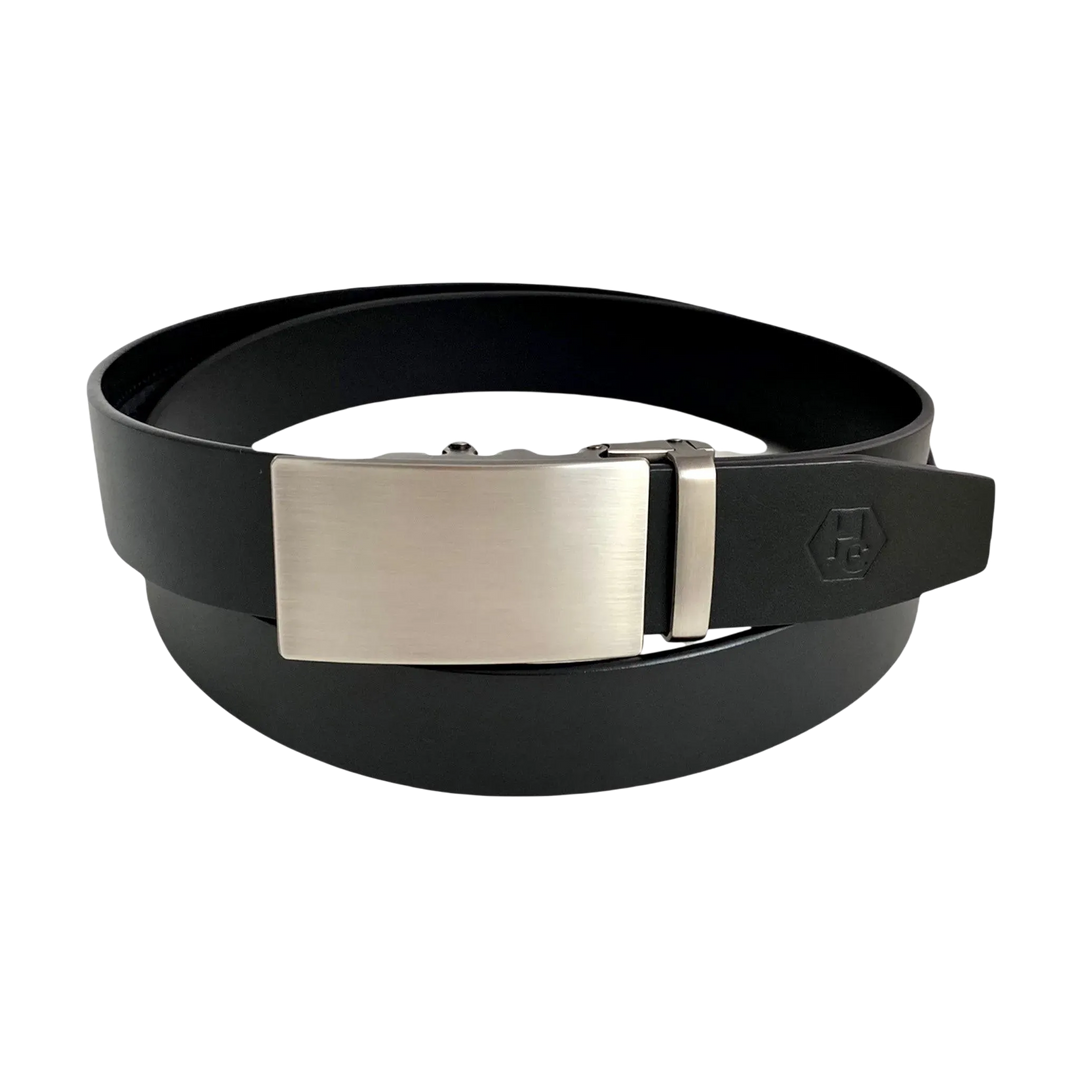 Black smooth leather ratchet belt with long gunmetal rectangle buckle, front view