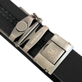 Black smooth leather ratchet belt with long gunmetal rectangle buckle, hardware close-up