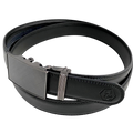 Black stitched-edge leather dress ratchet belt with plate buckle, buckle detail close-up