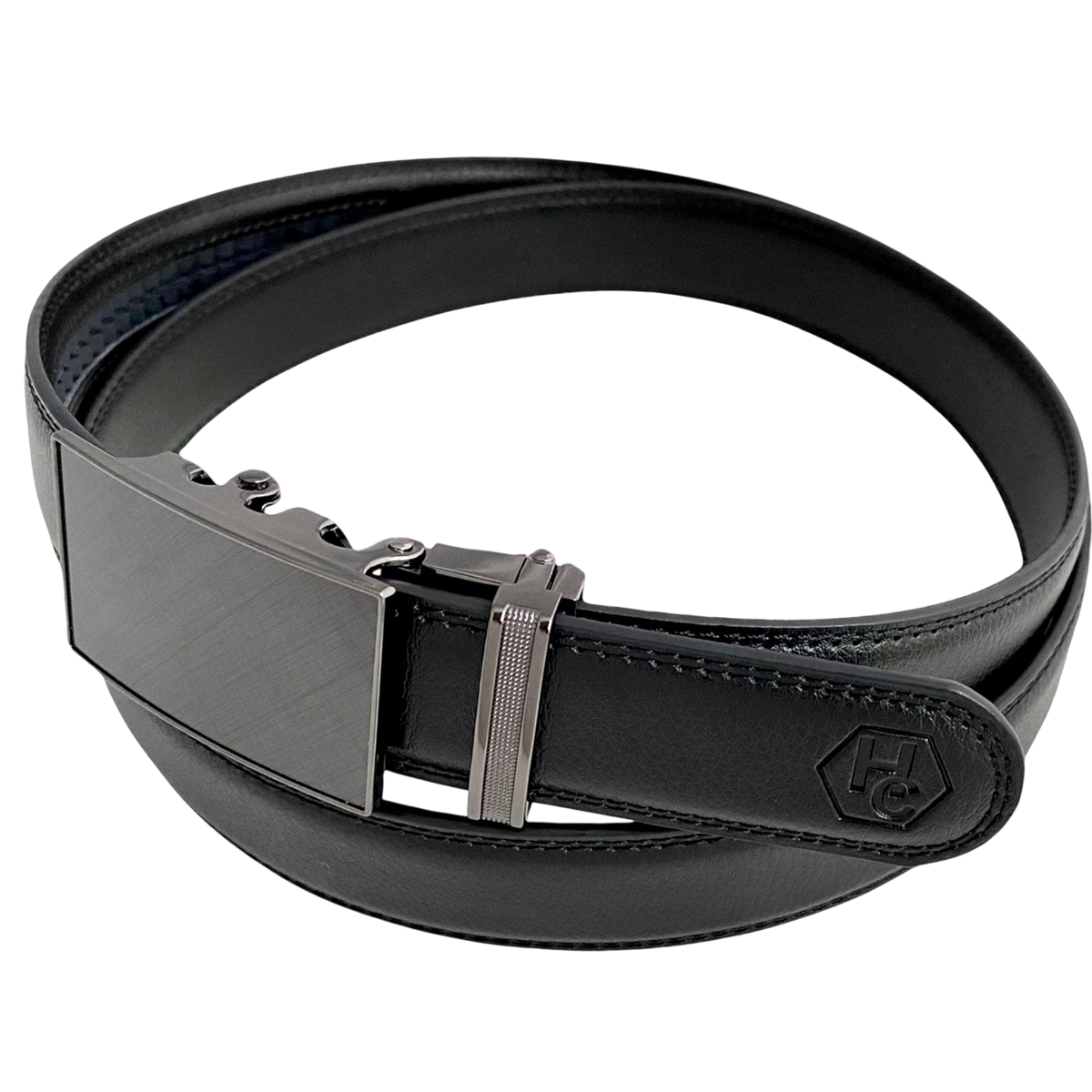Black stitched-edge leather dress ratchet belt with plate buckle, buckle detail close-up