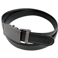 Black stitched-edge leather dress ratchet belt with plate buckle, buckle detail close-up