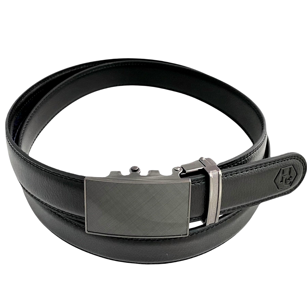 Black stitched-edge leather dress ratchet belt with plate buckle, 1.15 inch, front view