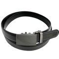 Black stitched-edge leather dress ratchet belt with plate buckle, 1.15 inch, front view