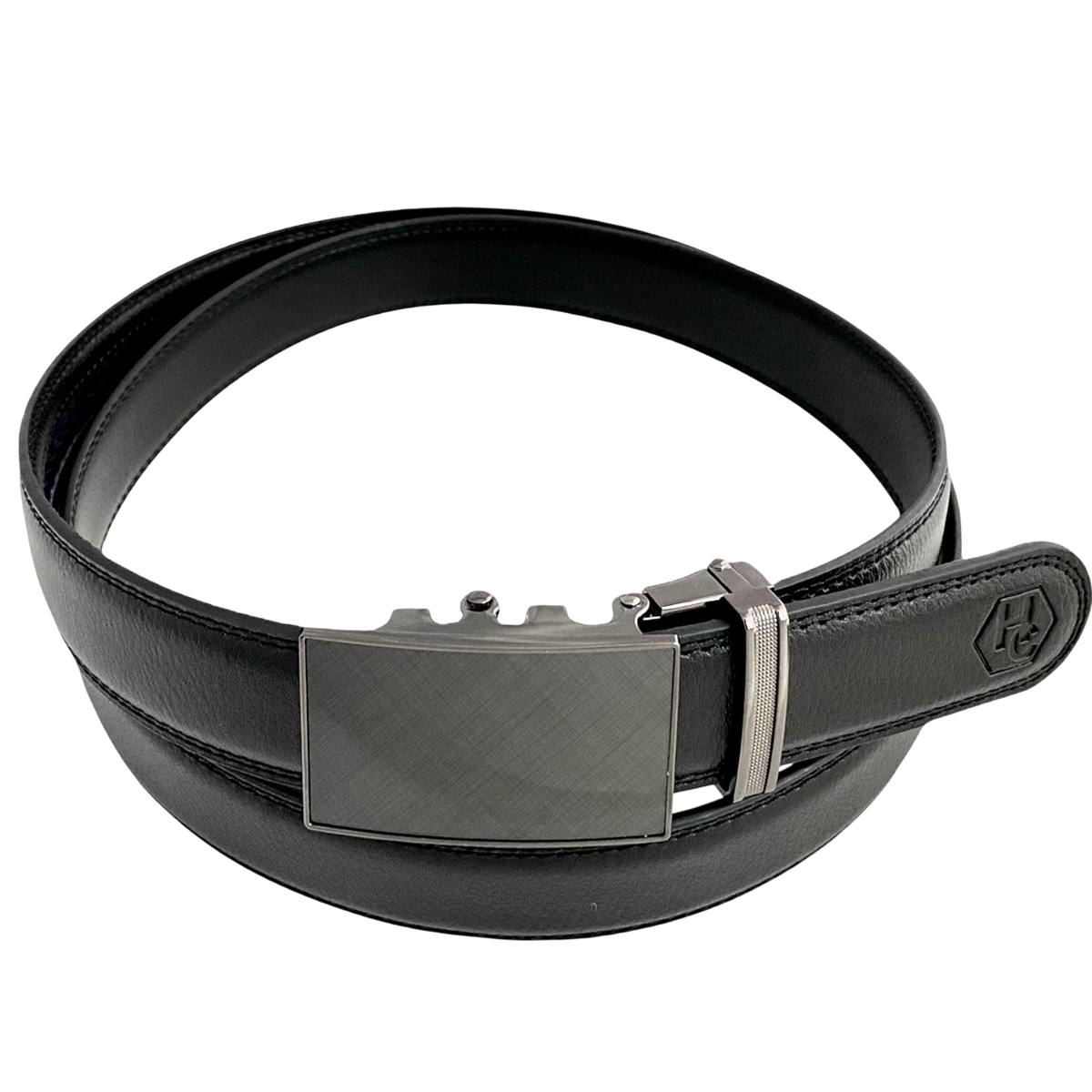 Black stitched-edge leather dress ratchet belt with plate buckle, 1.15 inch, front view