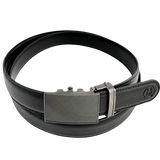 Black stitched-edge leather dress ratchet belt with plate buckle, 1.15 inch, front view