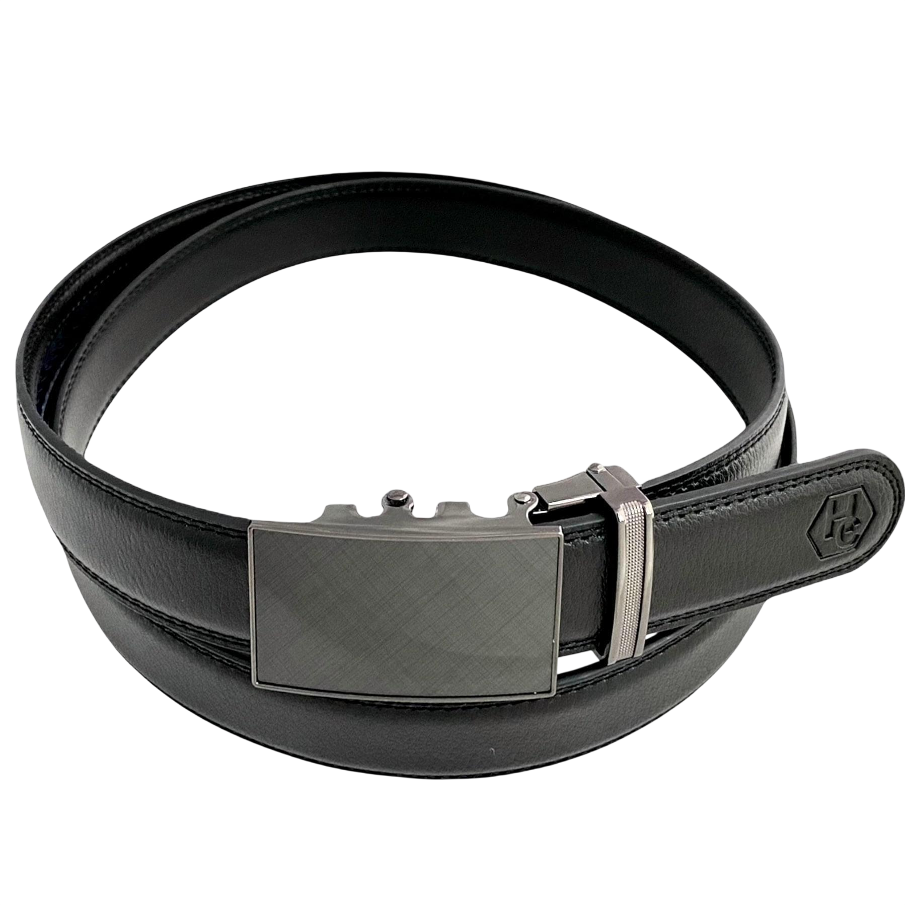 Black stitched-edge leather dress ratchet belt with plate buckle, 1.15 inch, front view