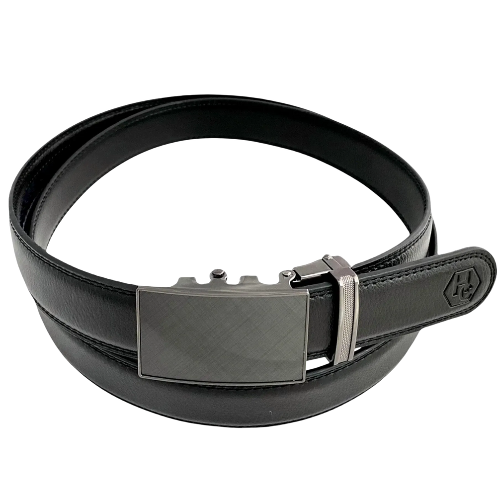 Black stitched-edge leather dress ratchet belt with plate buckle, 1.15 inch, front view
