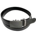 Black stitched-edge leather dress ratchet belt with plate buckle, 1.15 inch, front view