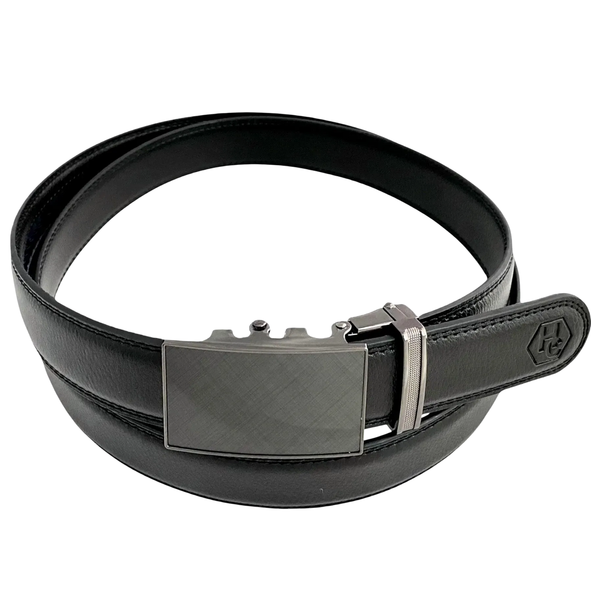 Black stitched-edge leather dress ratchet belt with plate buckle, 1.15 inch, front view