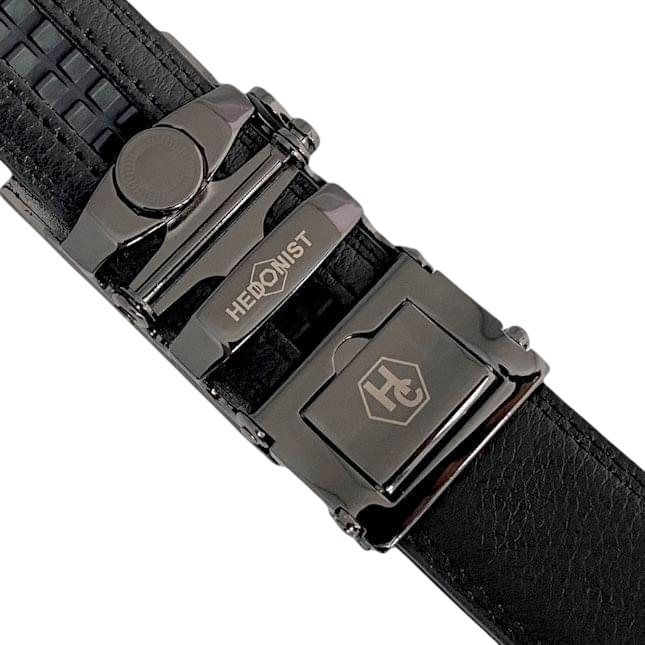 Black stitched-edge leather dress ratchet belt, hardware close-up