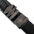 Black stitched-edge leather dress ratchet belt, hardware close-up