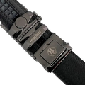 Black stitched-edge leather dress ratchet belt, hardware close-up