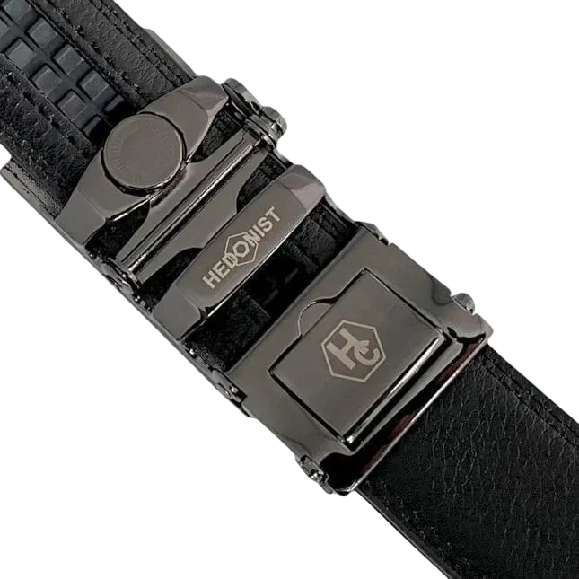 Black stitched-edge leather dress ratchet belt, hardware close-up