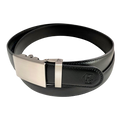 Black stitched-edge leather ratchet belt with plate buckle, buckle detail close-up