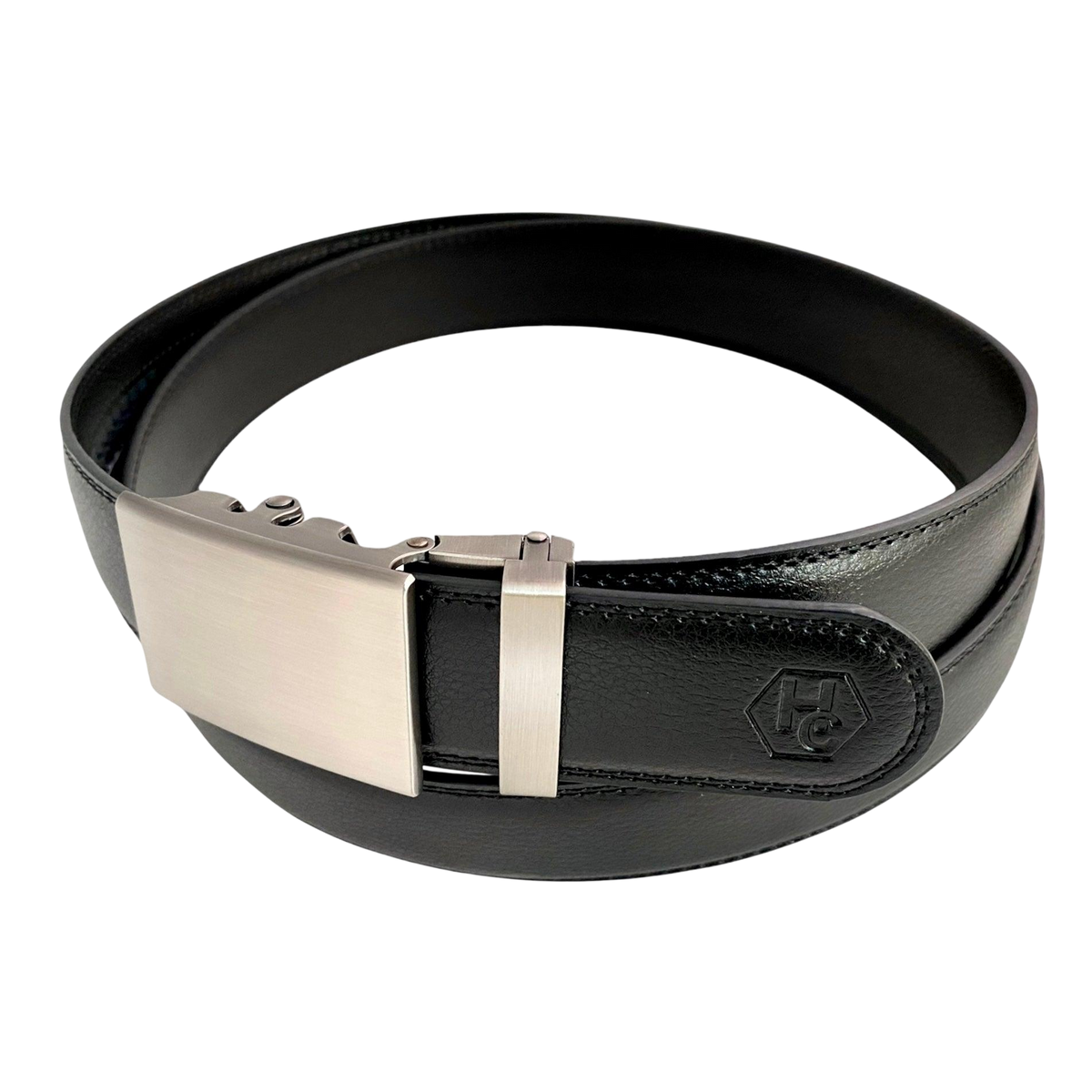 Black stitched-edge leather ratchet belt with plate buckle, buckle detail close-up
