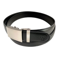 Black stitched-edge leather ratchet belt with plate buckle, buckle detail close-up