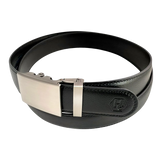 Black stitched-edge leather ratchet belt with plate buckle, buckle detail close-up