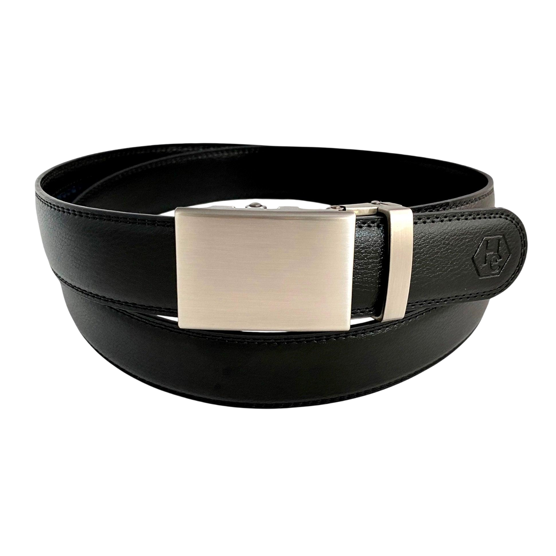 Black stitched-edge leather ratchet belt with plate buckle, front view