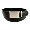 Black stitched-edge leather ratchet belt with plate buckle, front view