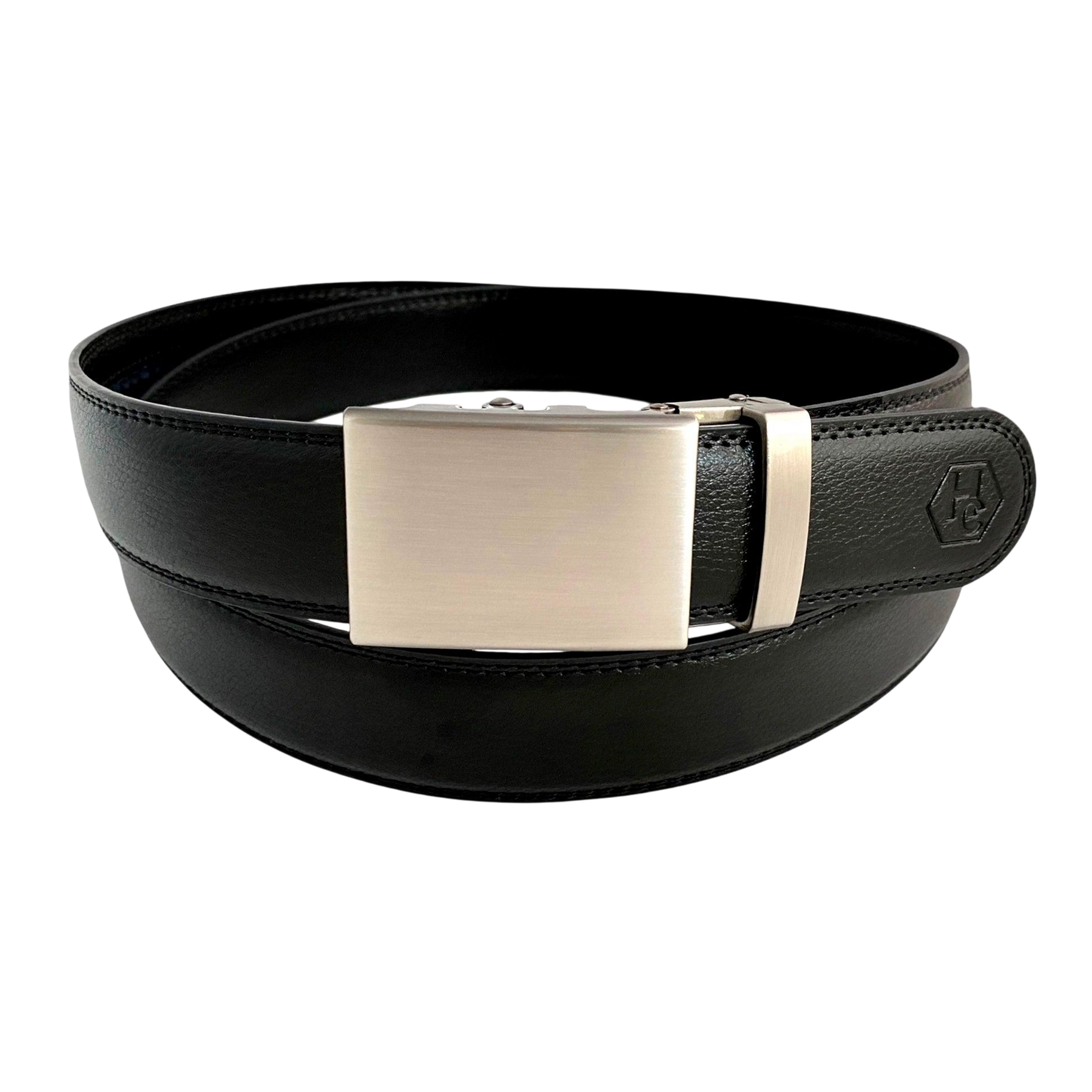Black stitched-edge leather ratchet belt with plate buckle, front view