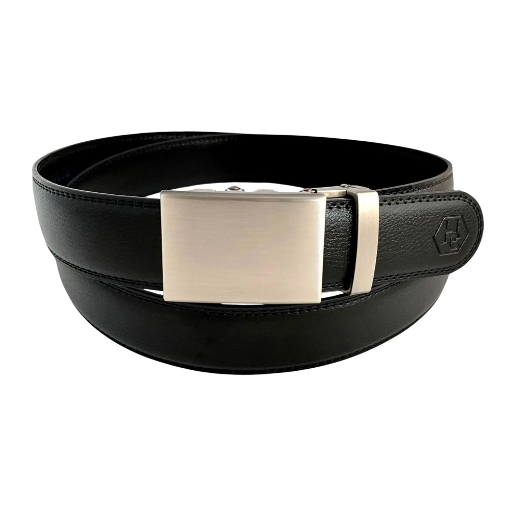 Black stitched-edge leather ratchet belt with plate buckle, front view