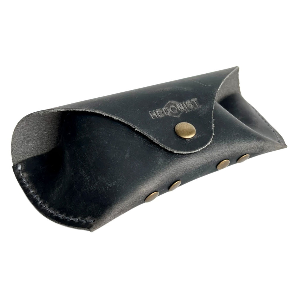 Soft Leather Eye Glasses Case in Black Washed, angled view showing stitched edge and rivets