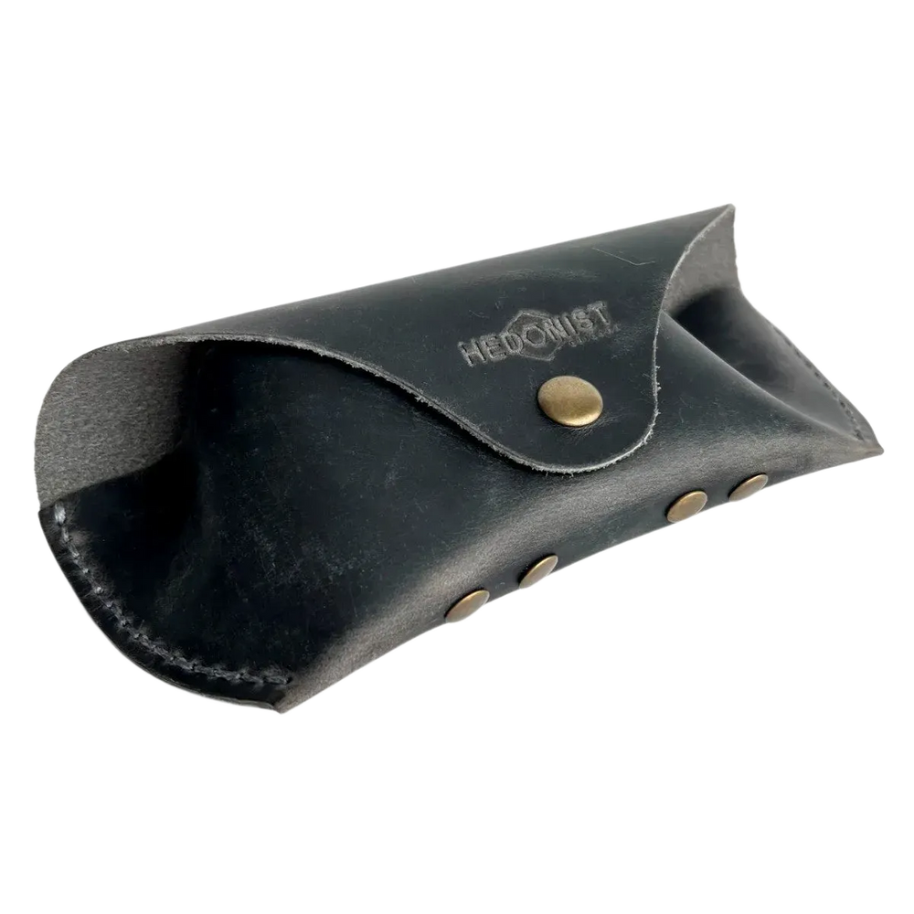 Soft Leather Eye Glasses Case in Black Washed, angled view showing stitched edge and rivets