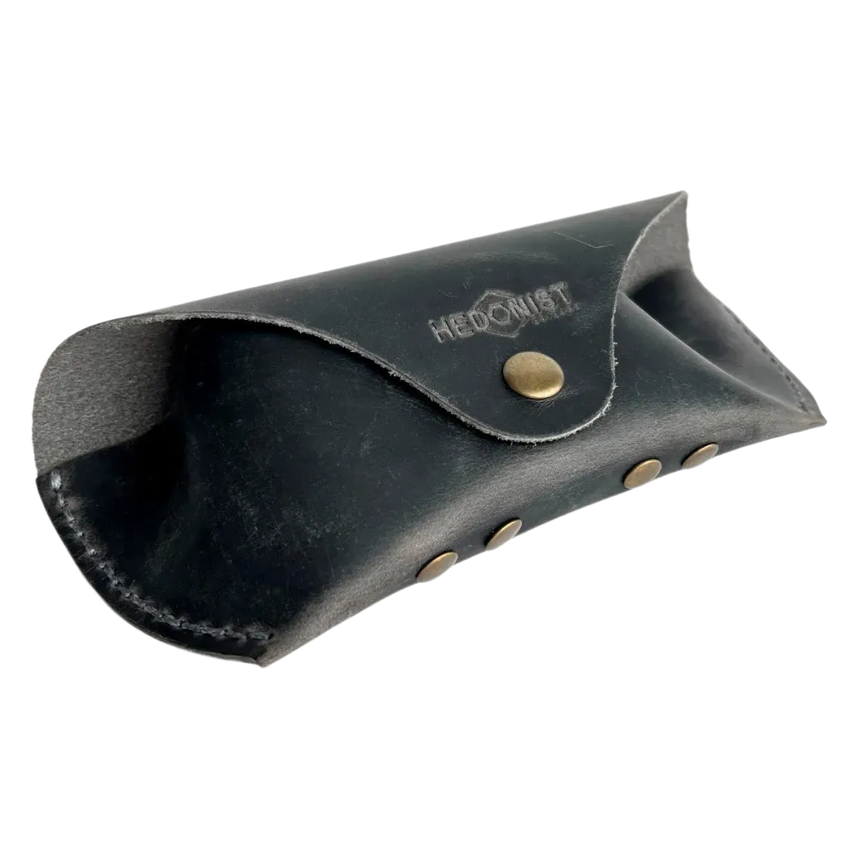 Soft Leather Eye Glasses Case in Black Washed, angled view showing stitched edge and rivets