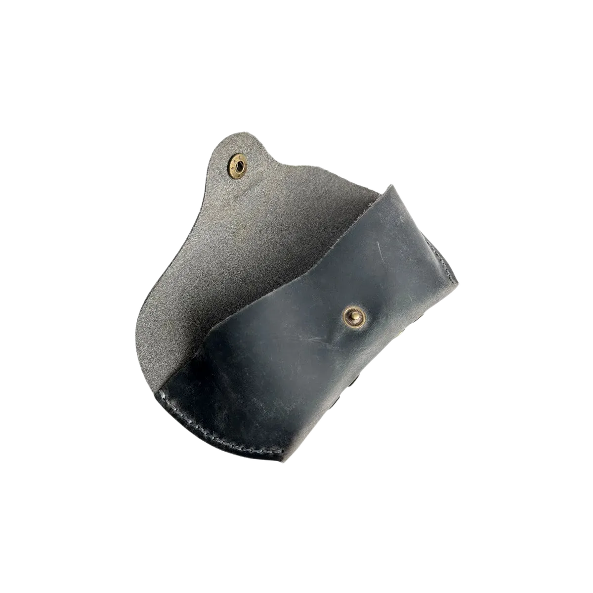 Soft Leather Eye Glasses Case in Black Washed, open, showing the suede-lined interior