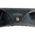 Soft Leather Eye Glasses Case in Black Washed, closed, front view showing weathered grain and embossed Hedonist logo