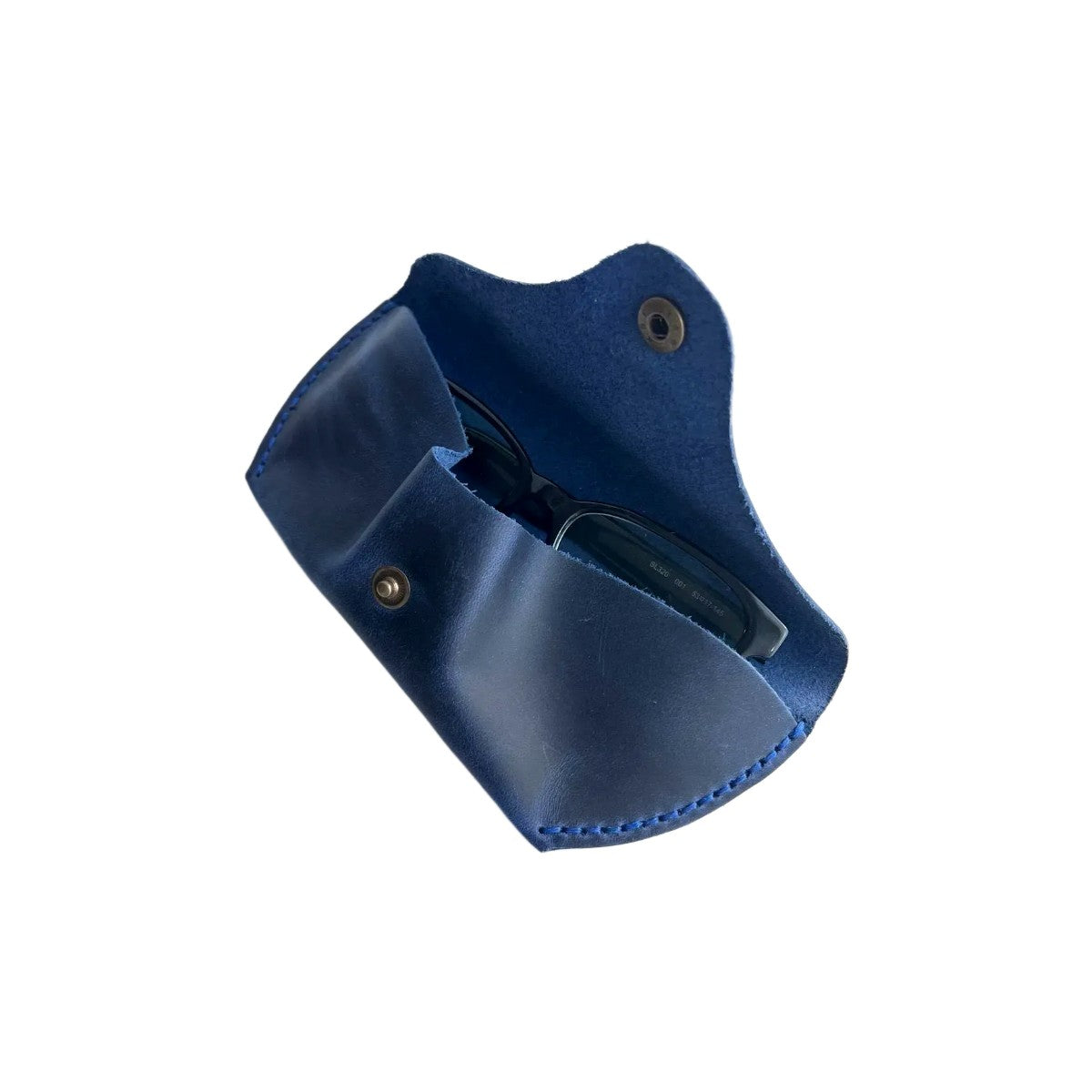 Soft Leather Eye Glasses Case in Navy Blue, open, with sunglasses tucked inside