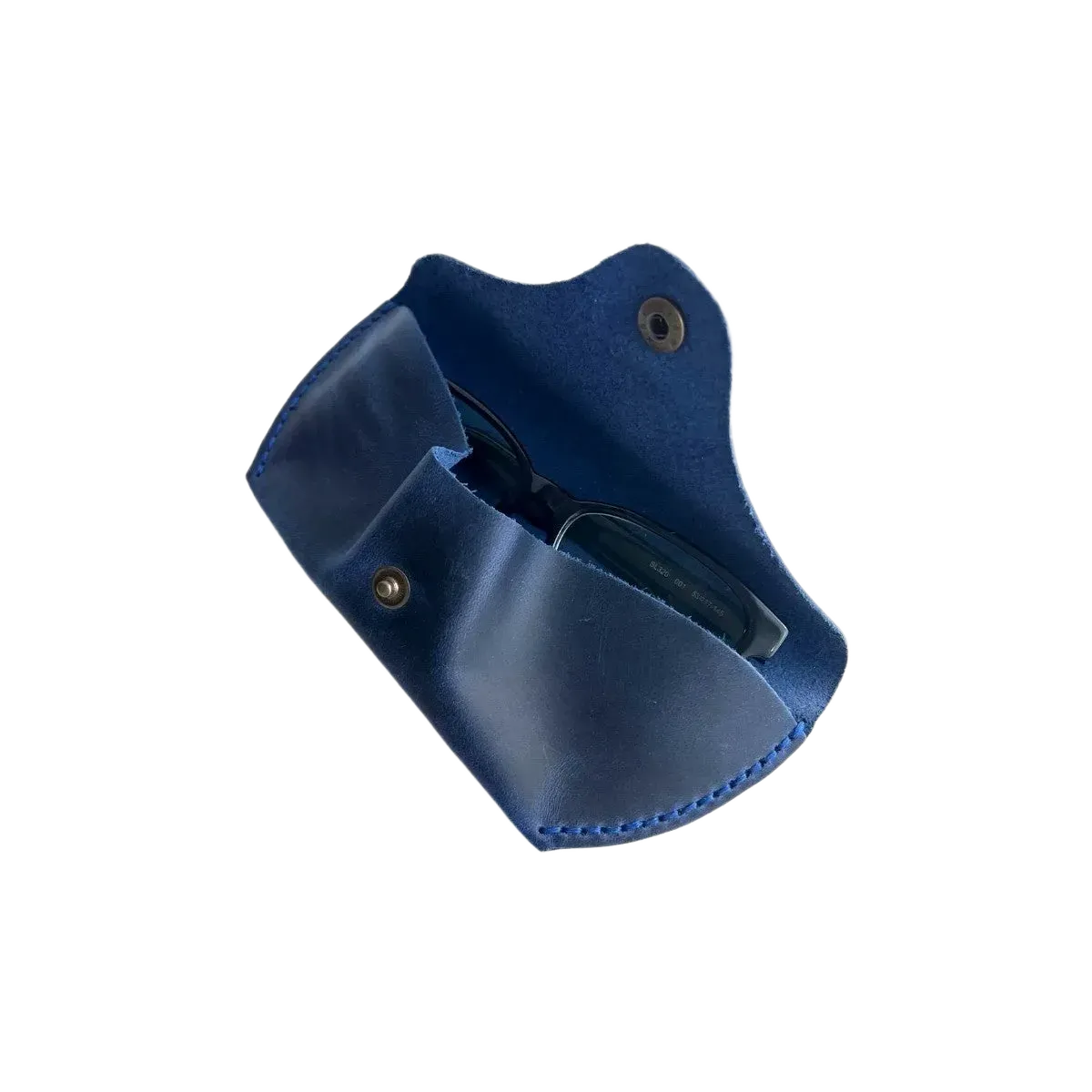 Soft Leather Eye Glasses Case in Navy Blue, open, with sunglasses tucked inside