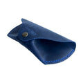 Soft Leather Eye Glasses Case in Navy Blue, angled view showing stitched edge