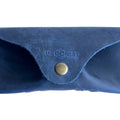 Soft Leather Eye Glasses Case in Navy Blue, closed, front view with embossed Hedonist logo and snap closure